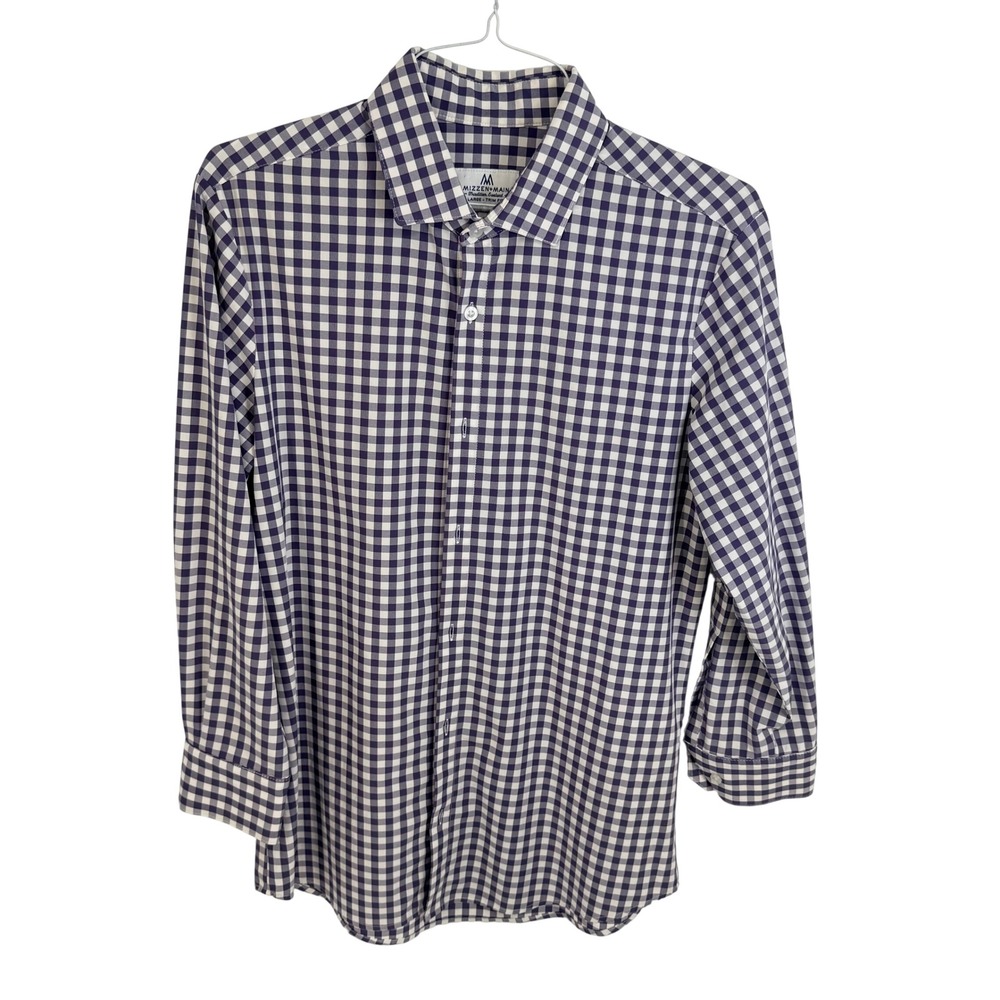 Mizzen+Main Button Down Shirt Mens Lg Purple Gingham Trim Fit Performance